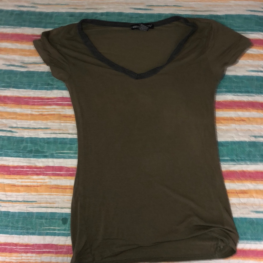 Olive Green V-Neck Short Sleeve Tee-S